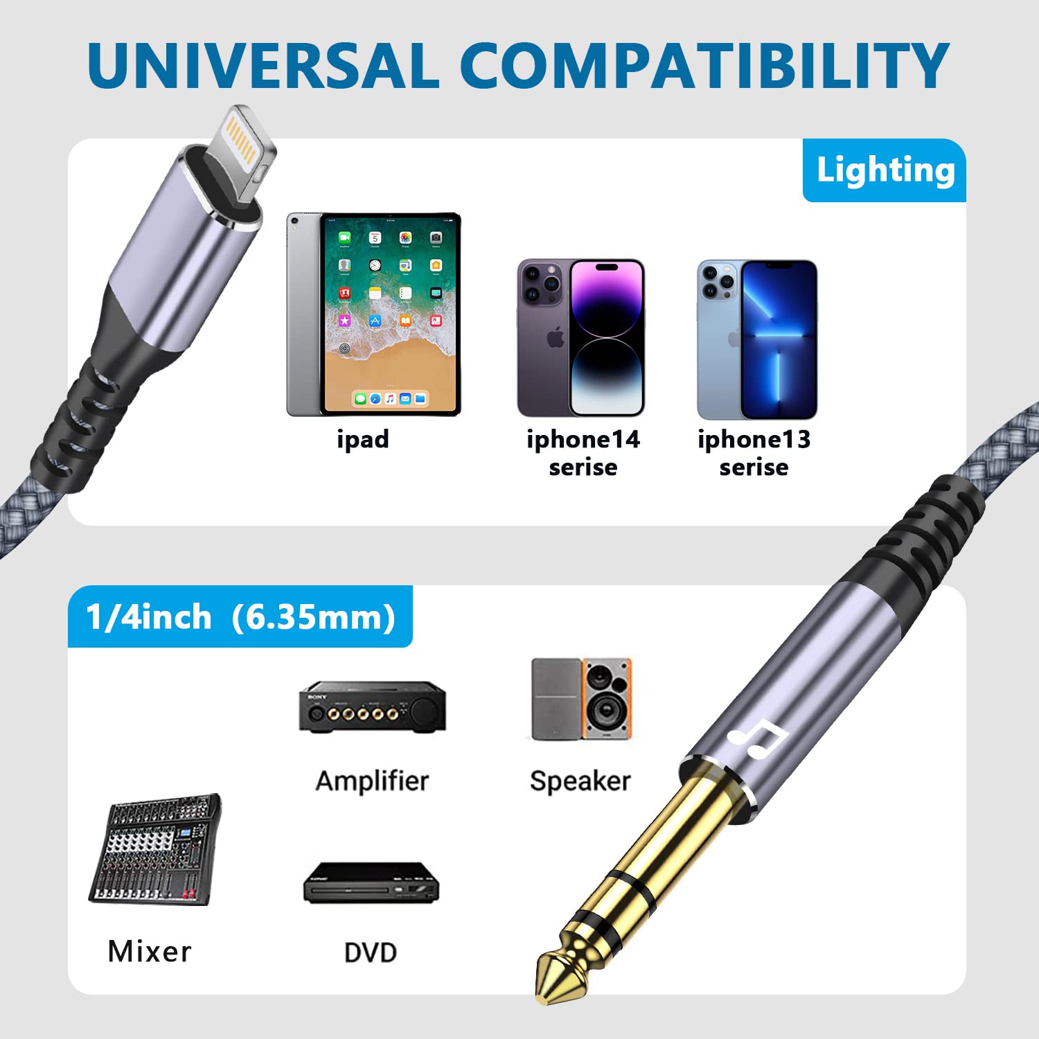 CABLE DE AUDIO ESTEREO PLUG 6.3 COMPATIBLE CON IPAD Y IPHONE 13 PRO PARA AMPLIFICADOR, ALTAVOZ